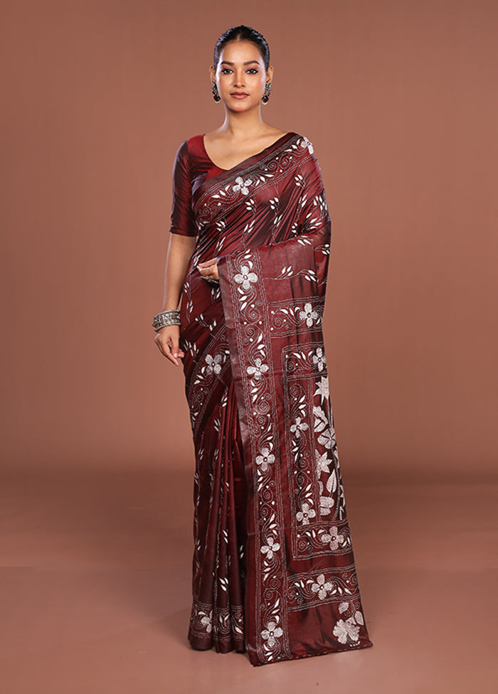 Maroon Kantha Stitch Silk Saree With Blouse Piece