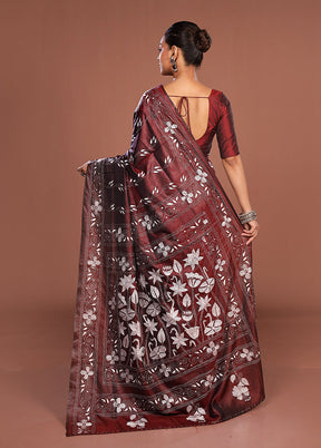 Maroon Kantha Stitch Silk Saree With Blouse Piece