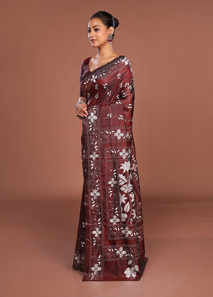 Maroon Kantha Stitch Silk Saree With Blouse Piece