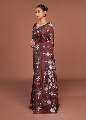 Maroon Kantha Stitch Silk Saree With Blouse Piece