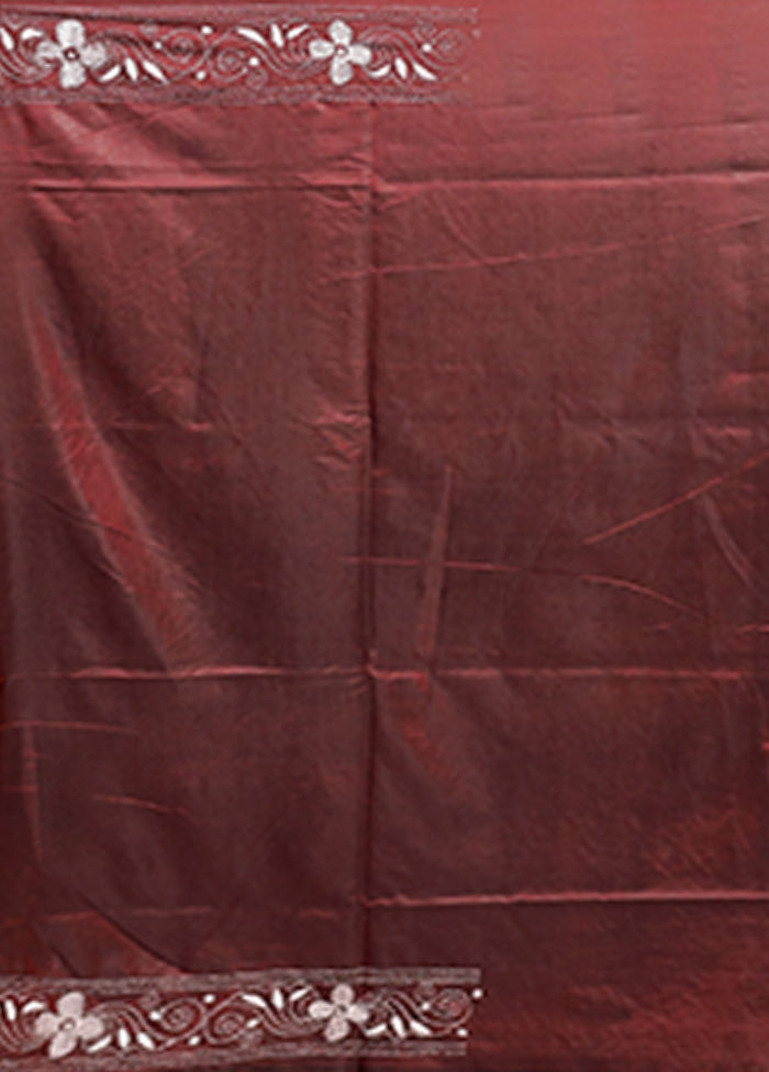 Maroon Kantha Stitch Silk Saree With Blouse Piece