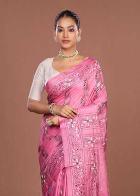 Pink Kantha Stitch Silk Saree With Blouse Piece