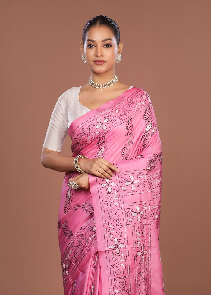 Pink Kantha Stitch Silk Saree With Blouse Piece