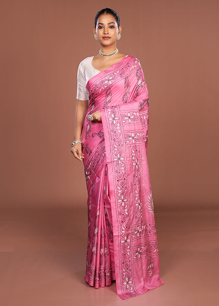 Pink Kantha Stitch Silk Saree With Blouse Piece
