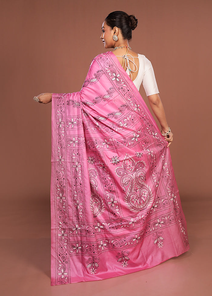 Pink Kantha Stitch Silk Saree With Blouse Piece