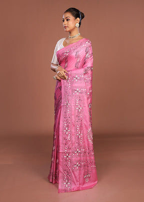 Pink Kantha Stitch Silk Saree With Blouse Piece
