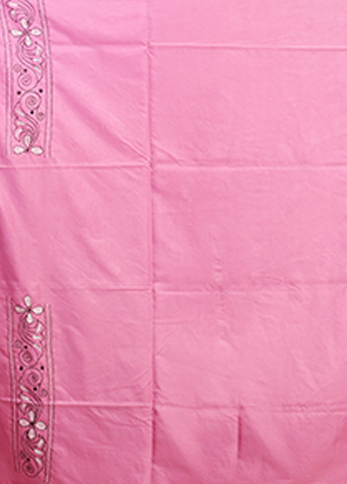Pink Kantha Stitch Silk Saree With Blouse Piece