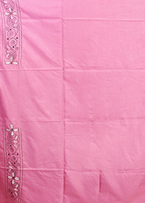 Pink Kantha Stitch Silk Saree With Blouse Piece