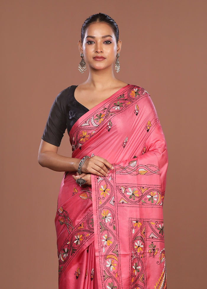 Pink Kantha Stitch Silk Saree With Blouse Piece