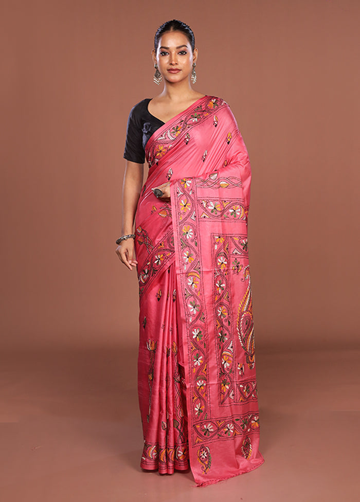 Pink Kantha Stitch Silk Saree With Blouse Piece