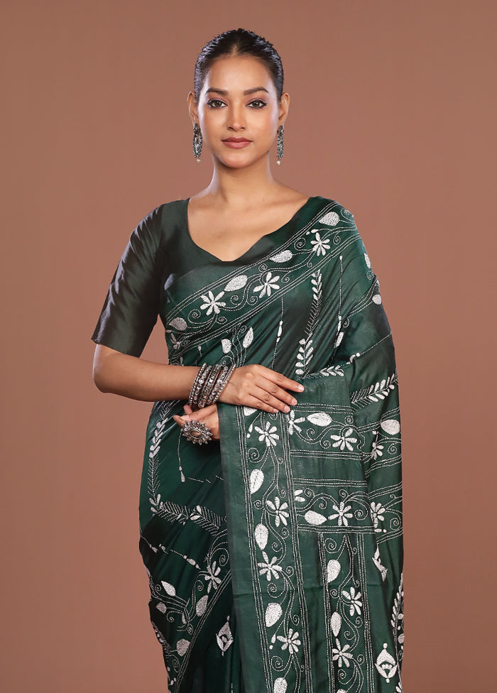 Green Kantha Stitch Silk Saree With Blouse Piece