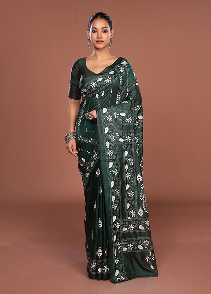 Green Kantha Stitch Silk Saree With Blouse Piece