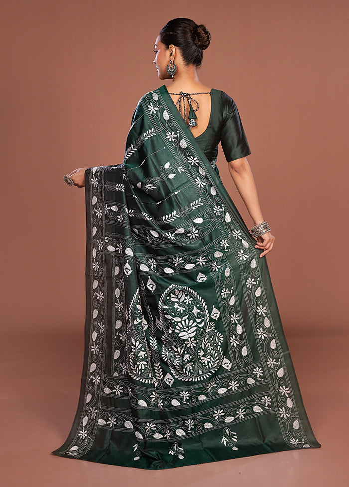 Green Kantha Stitch Silk Saree With Blouse Piece
