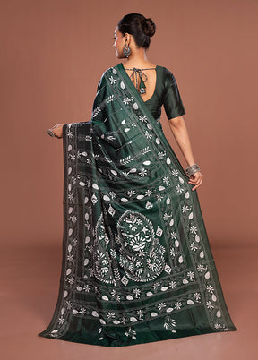 Green Kantha Stitch Silk Saree With Blouse Piece