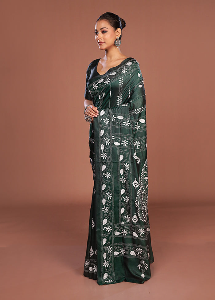 Green Kantha Stitch Silk Saree With Blouse Piece