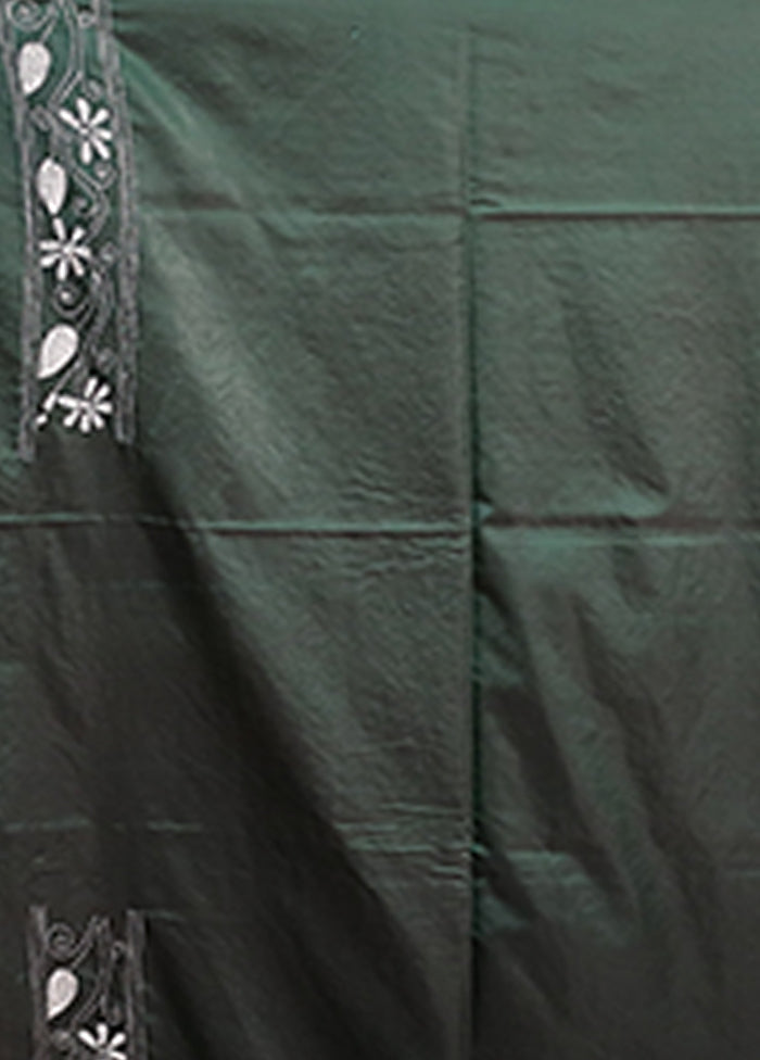 Green Kantha Stitch Silk Saree With Blouse Piece