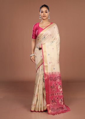 Cream Dupion Silk Saree With Blouse Piece