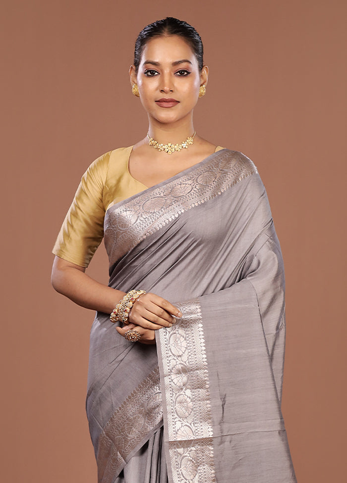 Grey Handloom Dupion Pure Silk Saree With Blouse Piece