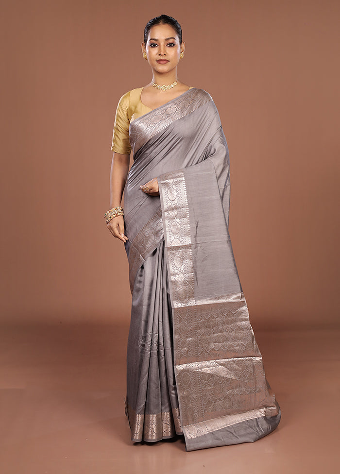 Grey Handloom Dupion Pure Silk Saree With Blouse Piece