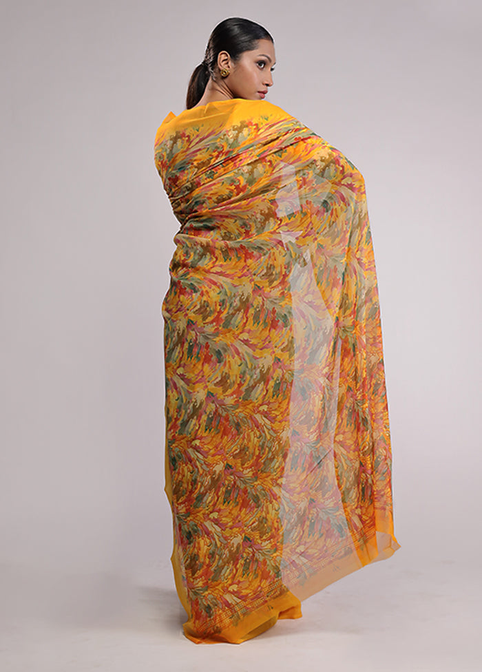 Yellow Chiffon Silk Saree With Blouse Piece