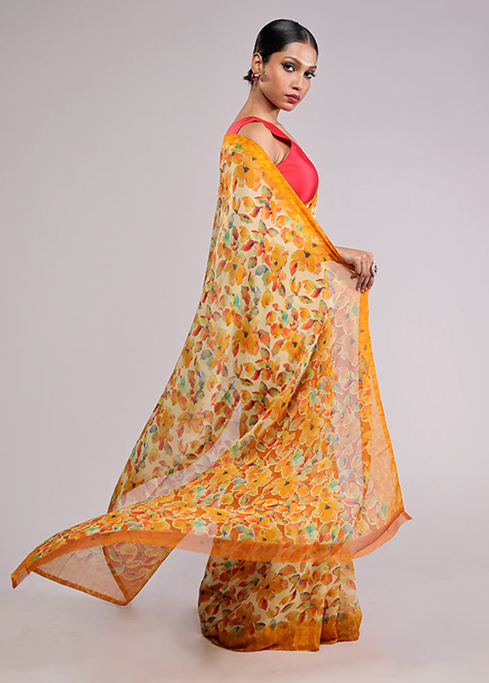 Yellow Chiffon Silk Saree With Blouse Piece