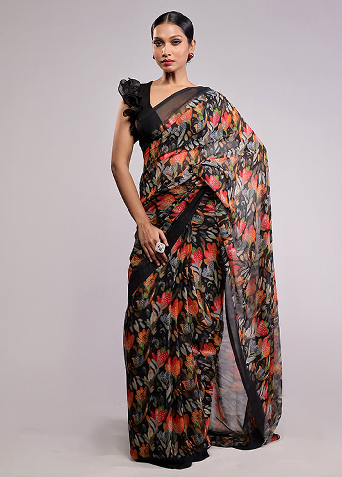 Black Chiffon Silk Saree With Blouse Piece