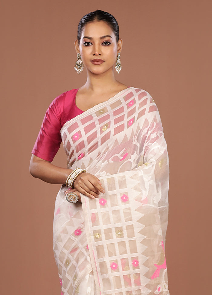 White Jamdani Cotton Saree Without Blouse Piece
