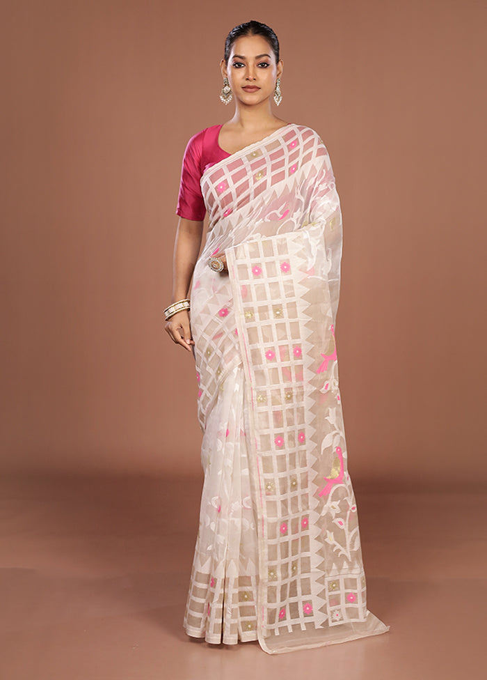 White Jamdani Cotton Saree Without Blouse Piece