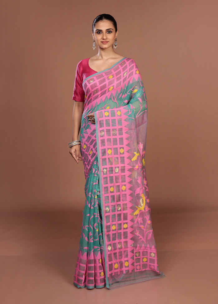 Blue Jamdani Cotton Saree Without Blouse Piece