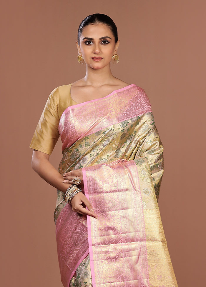 Cream Handloom Kanchipuram Pure Silk Saree With Blouse Piece