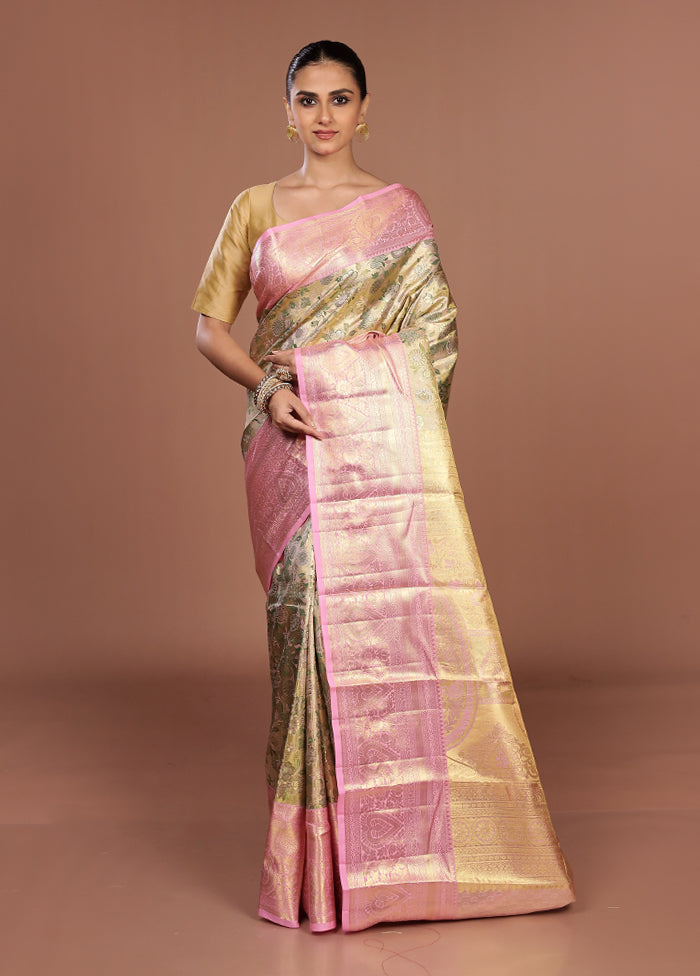 Cream Handloom Kanchipuram Pure Silk Saree With Blouse Piece