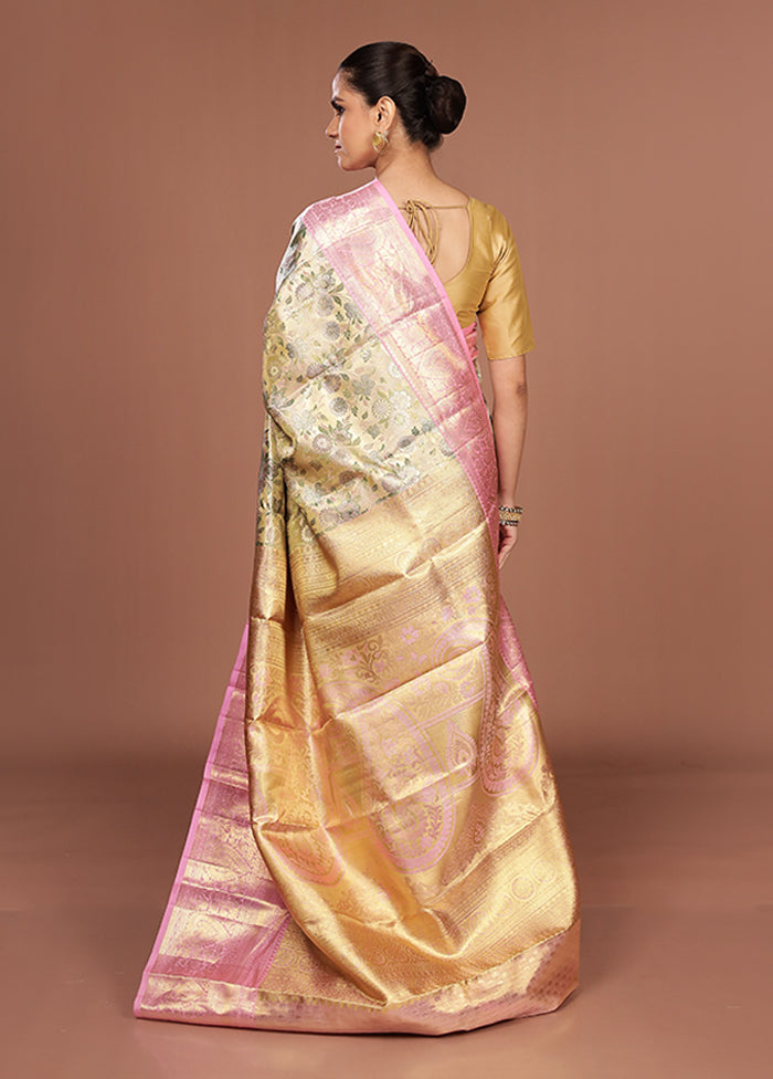 Cream Handloom Kanchipuram Pure Silk Saree With Blouse Piece