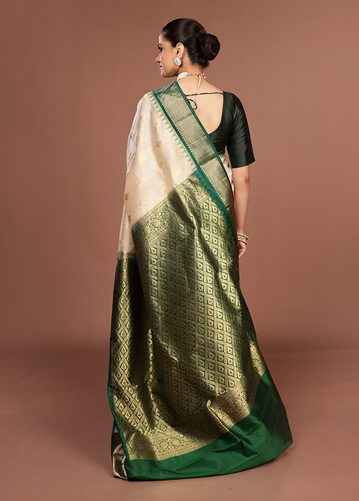 Cream Handloom Kanchipuram Pure Silk Saree With Blouse Piece
