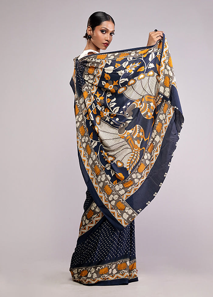 Blue Chiffon Silk Saree With Blouse Piece