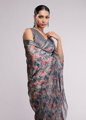 Grey Chiffon Silk Saree With Blouse Piece