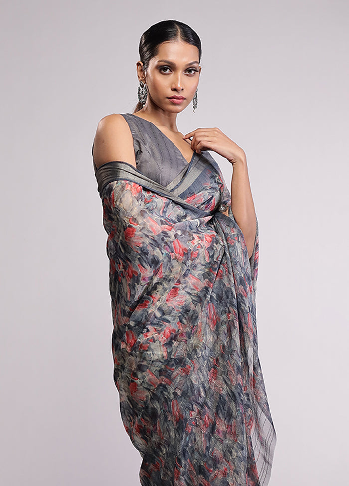Grey Chiffon Silk Saree With Blouse Piece