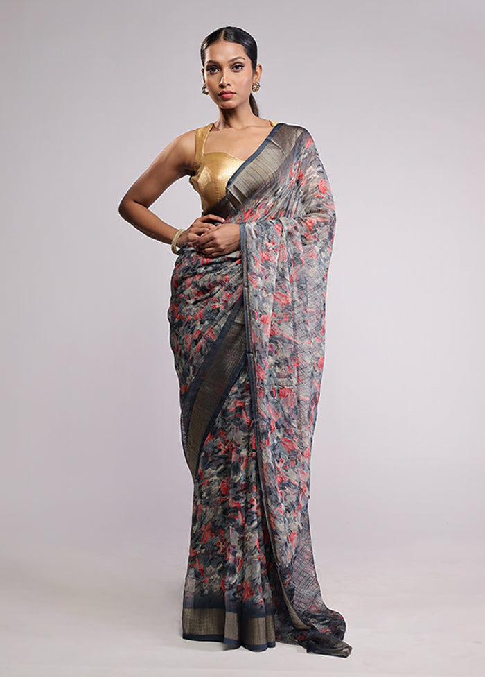 Grey Chiffon Silk Saree With Blouse Piece