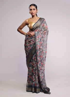 Grey Chiffon Silk Saree With Blouse Piece
