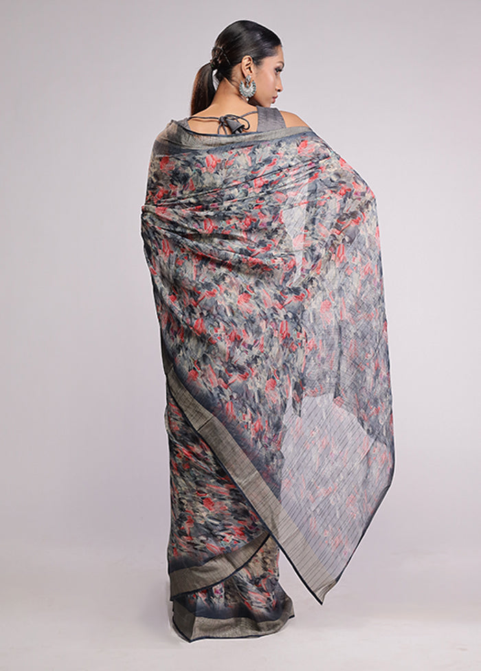 Grey Chiffon Silk Saree With Blouse Piece