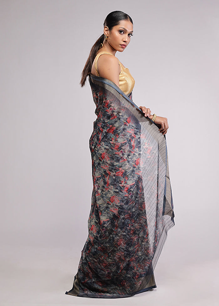 Grey Chiffon Silk Saree With Blouse Piece