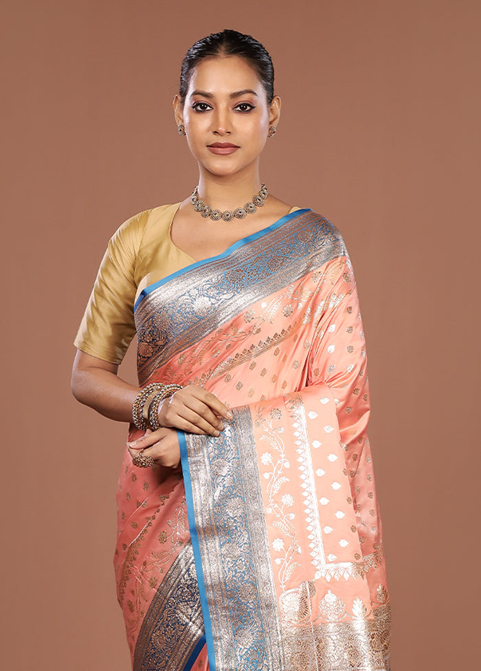 Peach Banarasi Silk Saree With Blouse Piece