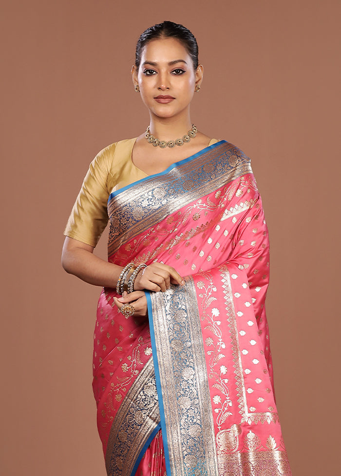 Pink Banarasi Silk Saree With Blouse Piece
