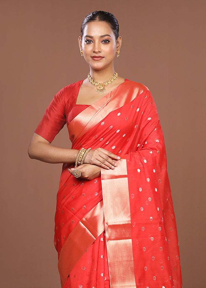 Red Kora Silk Saree With Blouse Piece