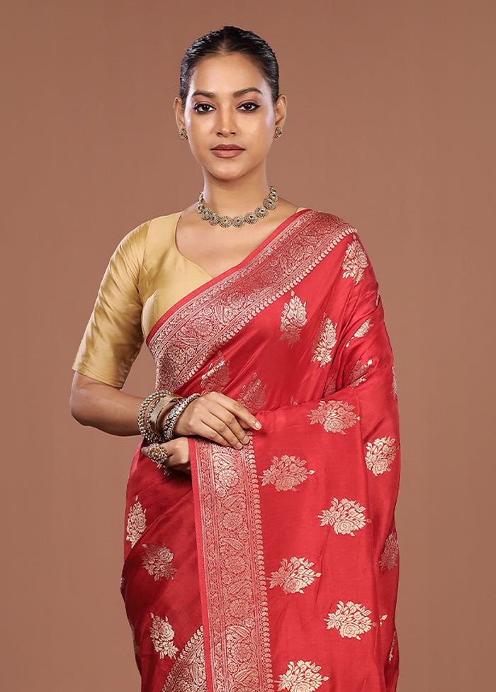 Red Dupion Silk Saree With Blouse Piece