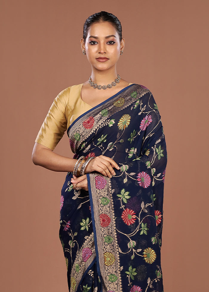 Blue Handloom Pure Georgette Saree With Blouse Piece