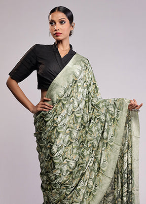Green Printed Silk Saree Without Blouse Piece