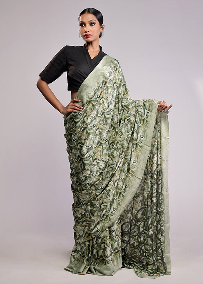 Green Printed Silk Saree Without Blouse Piece