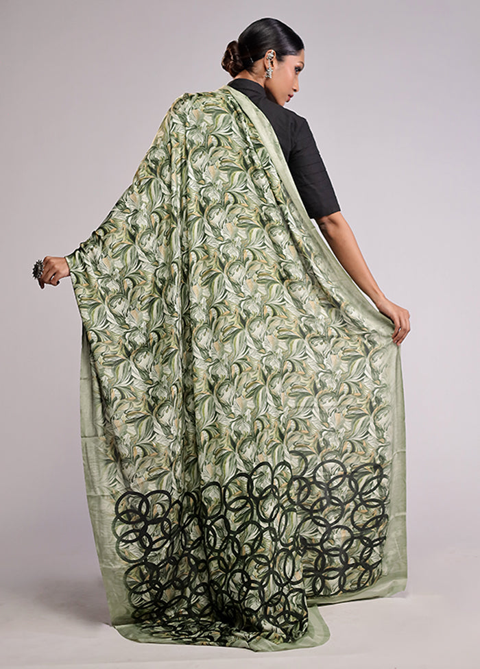 Green Printed Silk Saree Without Blouse Piece