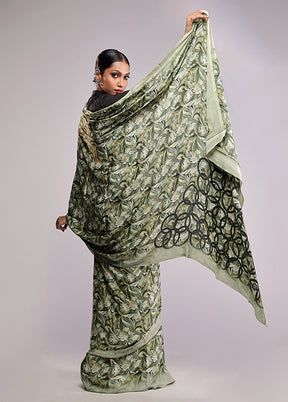 Green Printed Silk Saree Without Blouse Piece