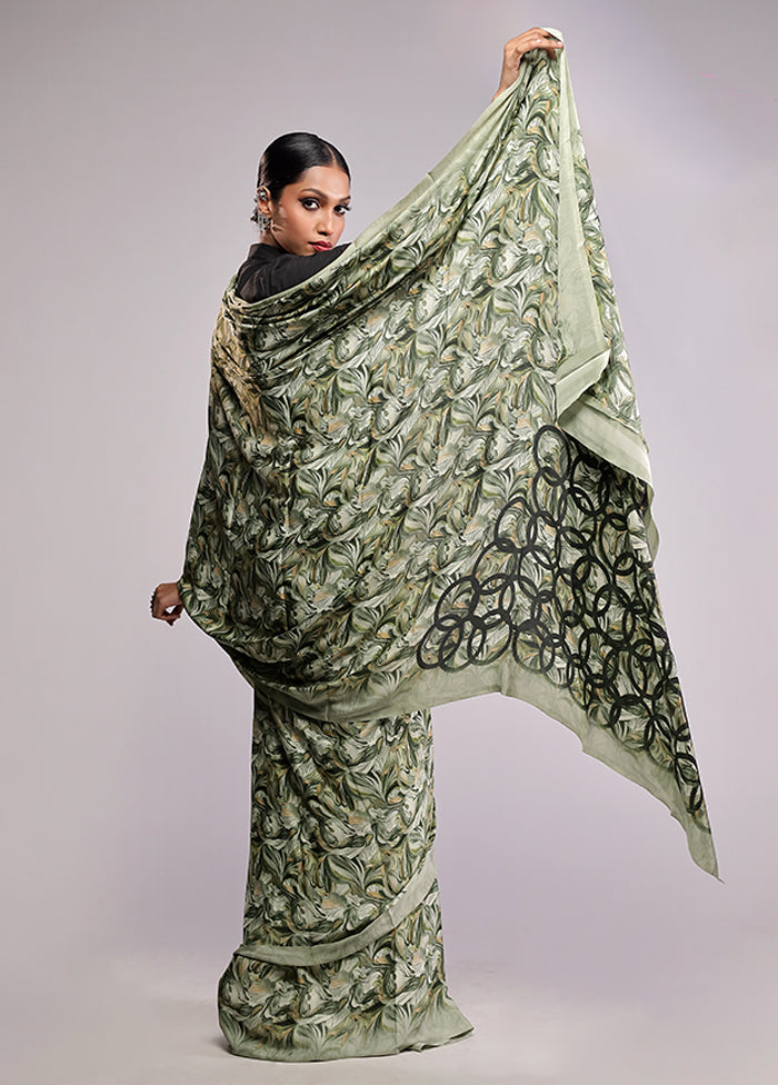 Green Printed Silk Saree Without Blouse Piece